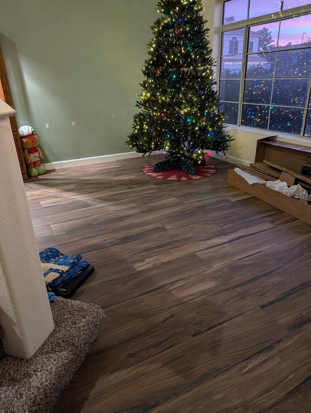 A wood-look tile floor in a living room